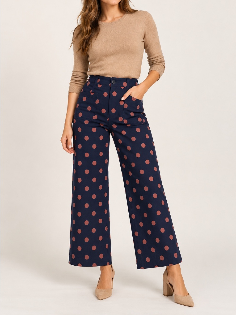 Anthropologie Navy Wide-Leg Polka Dot Pants with Rust Dots